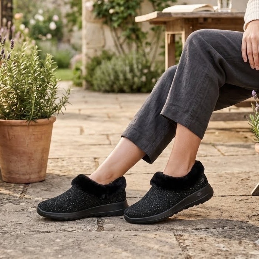 Skechers GO Lounge On-the-GO Joy Black Sparkle Faux Fur Slip On Shoes 175483